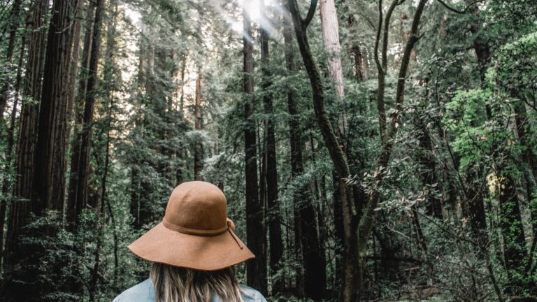 woman with hate standing in a forest