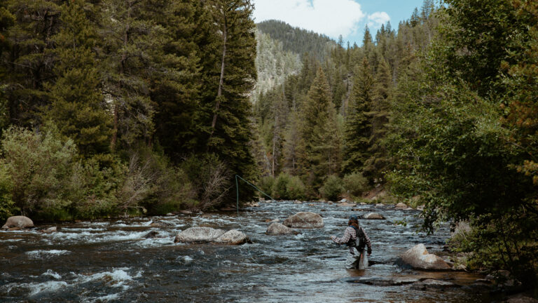 woman standing in a river fishing