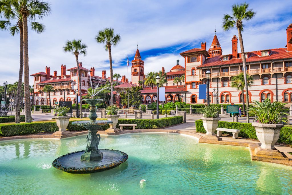 Fountain and shops downtown St Augustine