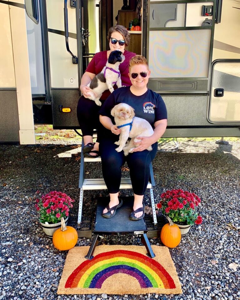 Couple and their dogs sit on the steps of their RV