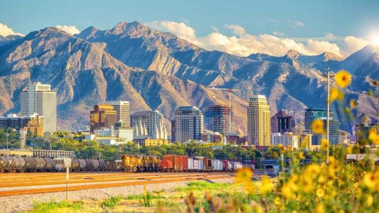 downtown Salt Lake City with the Wasatch Mountains behind