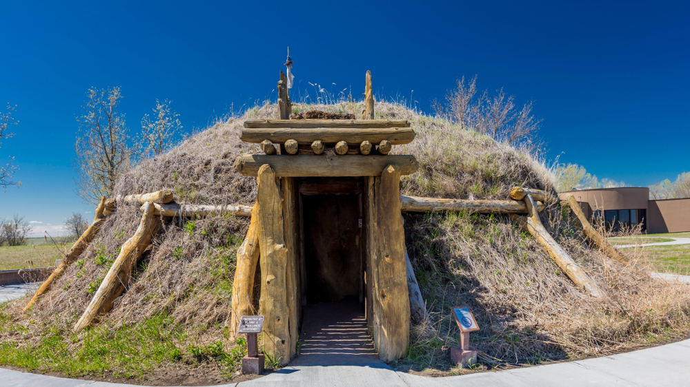 Earth Lodge replica shown at Knife River Indian Village, the site where Sacagawea meets Lewis and Clark for their 1804-1806 expedition