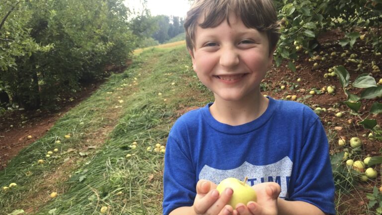 Boy holding an apple surrounded by apple trees - Wonder Wherever We Wander