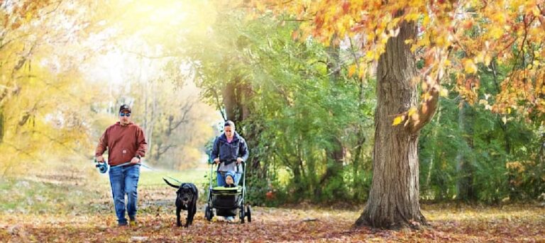 A man and woman with a child in a stroller take a family fall hike on a path strewn with colorful leaves