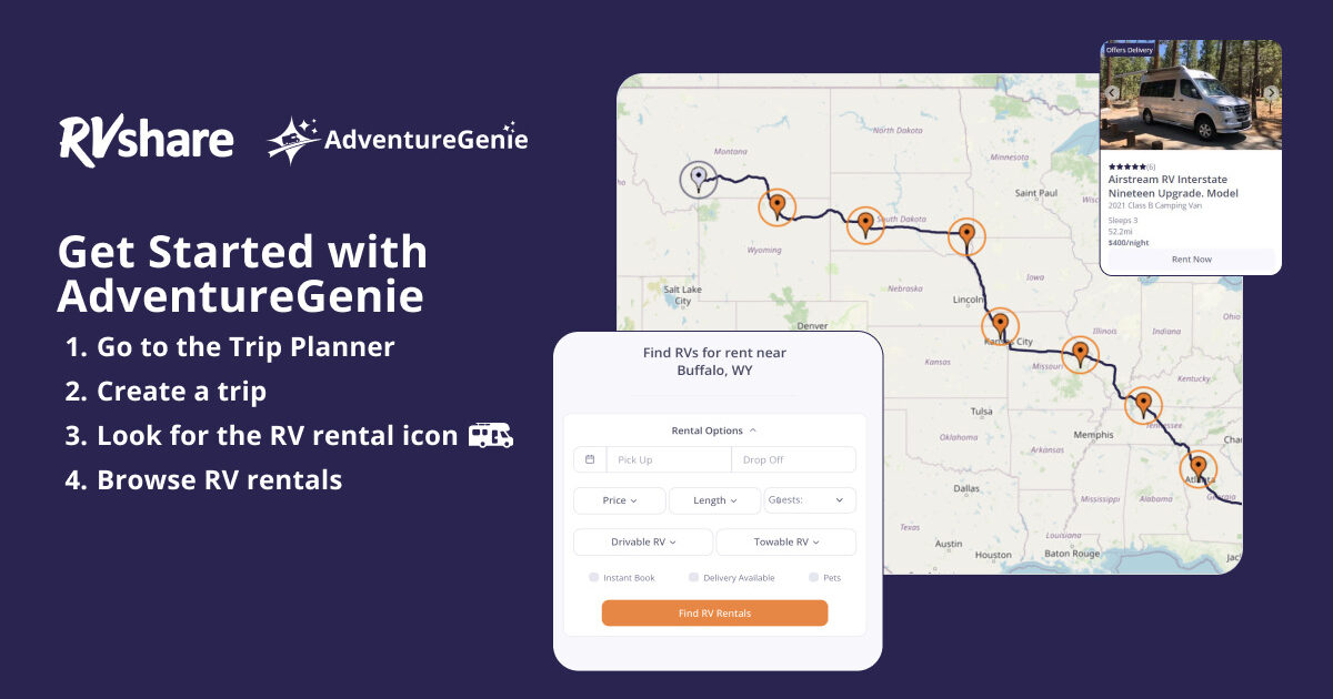 screen shot of adventure genie app - a mpp with rv stops plotted out