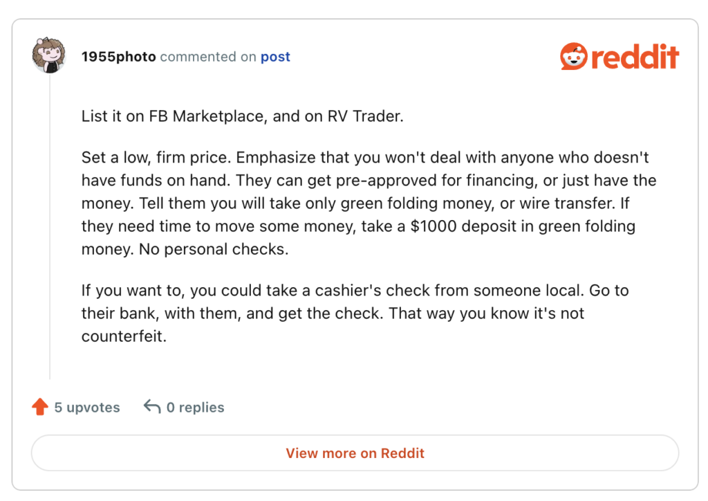 screenshot from a reddit forum discussing how best to sell a used RV