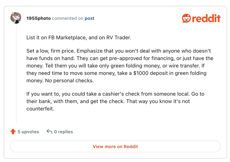 screenshot from a reddit forum discussing how best to sell a used RV