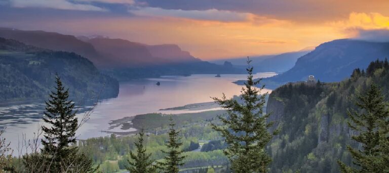 The historic Columbia River highway follows the Columbia River Gorge and includes this Vista House overlook