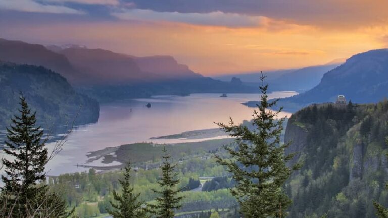 The historic Columbia River highway follows the Columbia River Gorge and includes this Vista House overlook