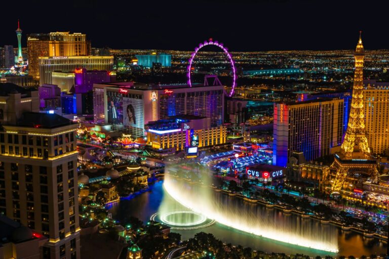 The iconic hotels, attractions, and dazzling lights of the Las Vegas Strip at night.