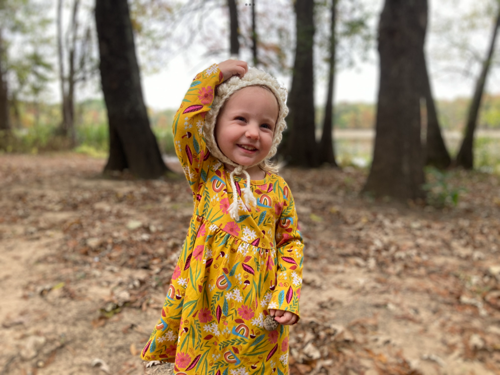 Matilda sporting her new cold weather hat while fall camping