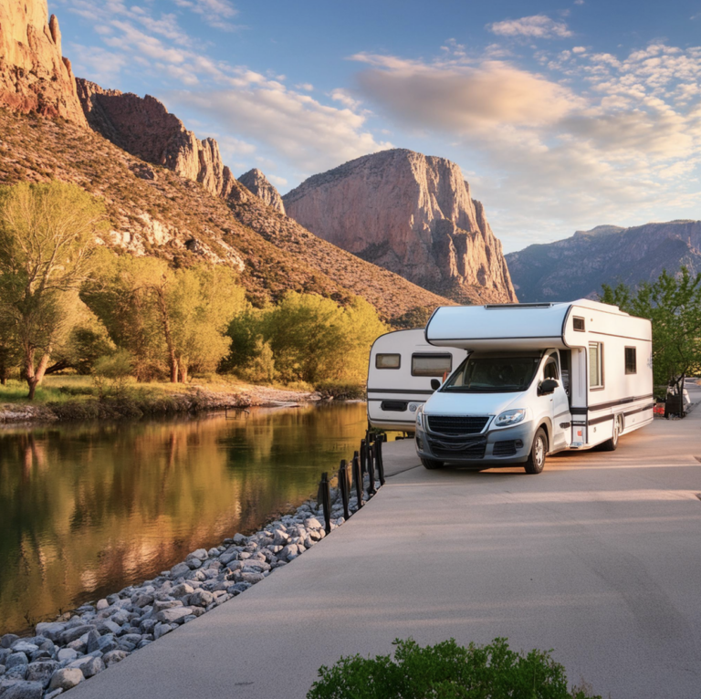 RV parked at River Bend Resort, Campground in Sonoma County, California