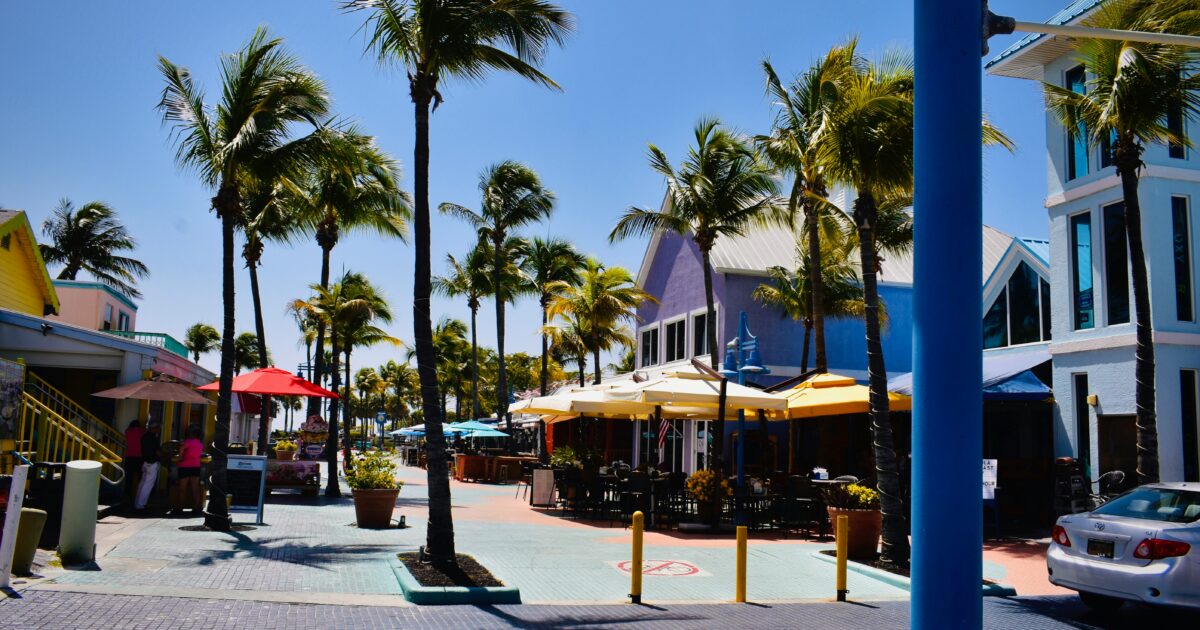 Colorful buildings and brick walkways of Times Square in Fort Myers.