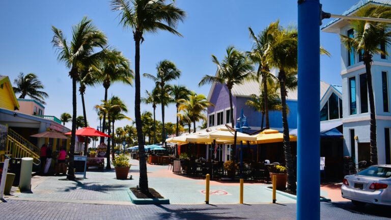 Colorful buildings and brick walkways of Times Square in Fort Myers.