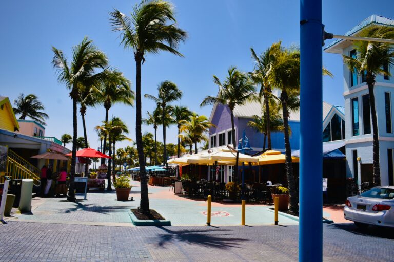 Colorful buildings and brick walkways of Times Square in Fort Myers.