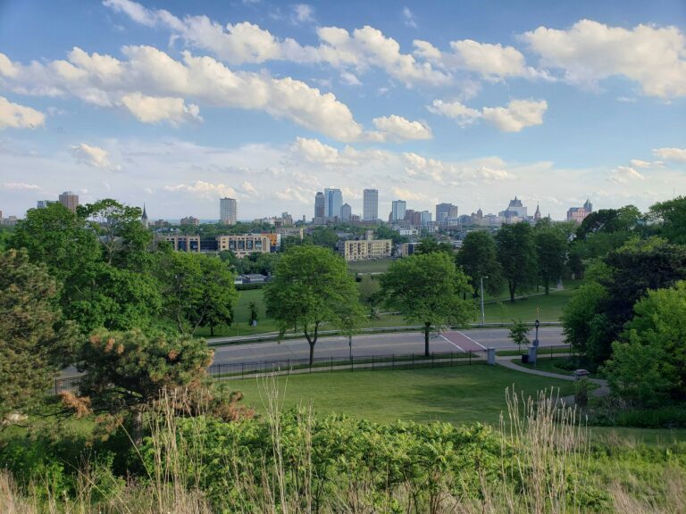 The green trees and grass of a park with the Milwaukee skyline in the background