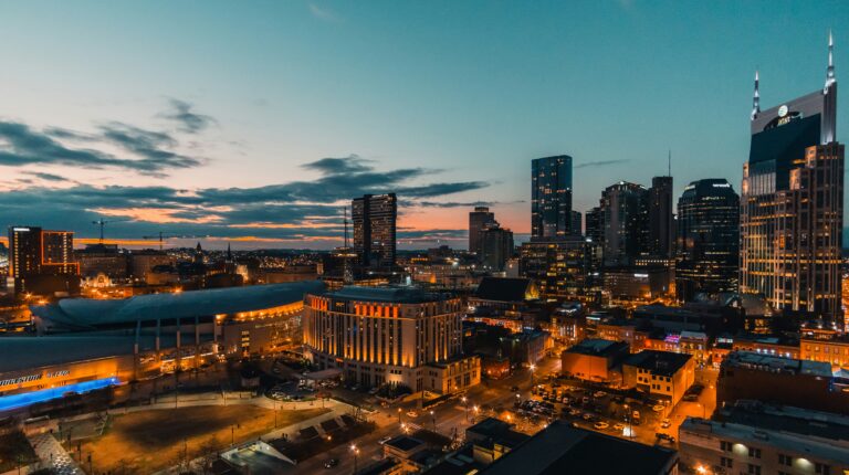 Dawn breaks over downtown Nashville buildings