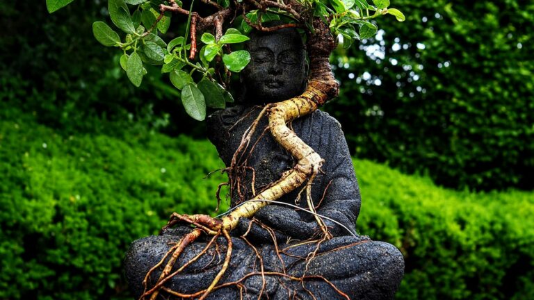 A young tree adorns a serene gray stone Buddha with gorgeous greenery in Cleveland's Rockefeller Park Greenhouse.