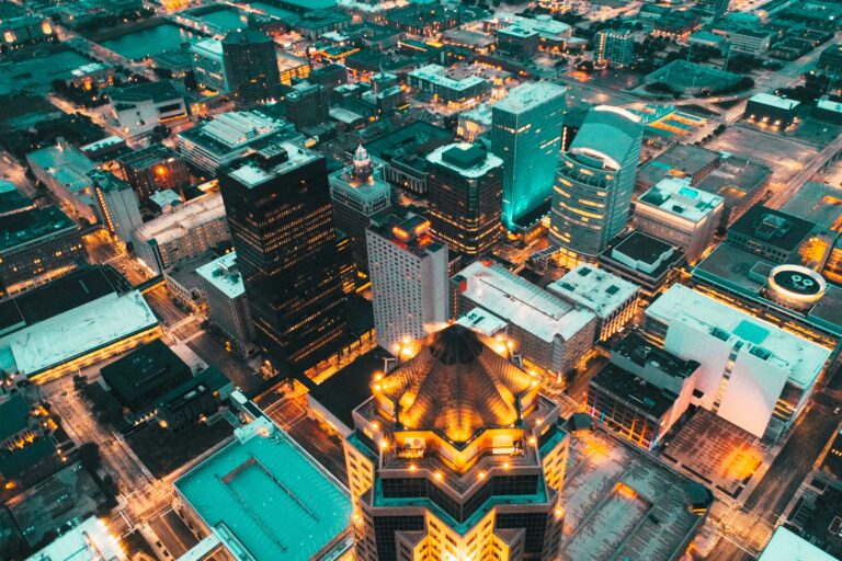 Des Moines high-rise buildings lit up at night