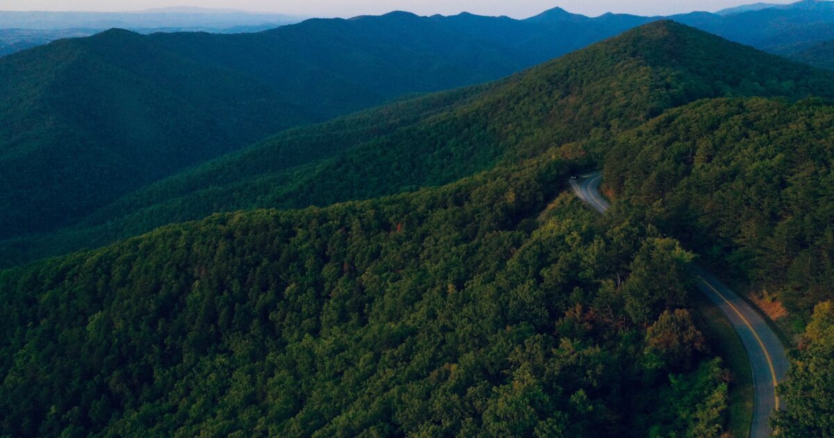 An empty road winds through tree-covered mountains