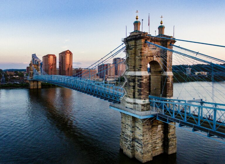 A blue bridge crosses a river with city buildings in the background