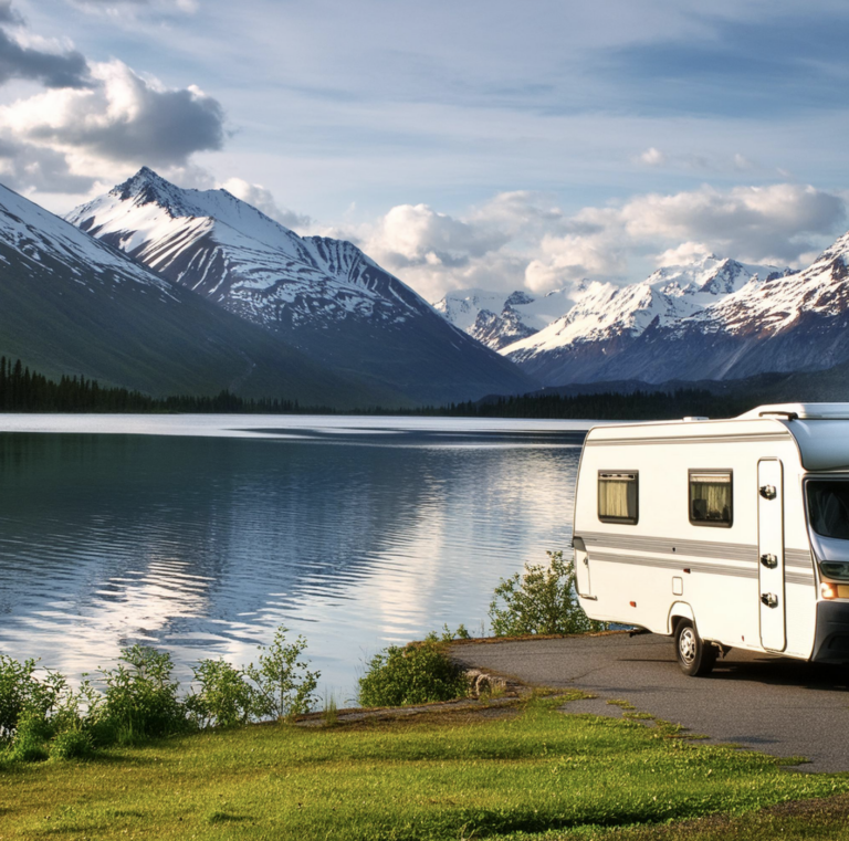 RV parked by Alaskan lake with snow capped mountains in the distance.