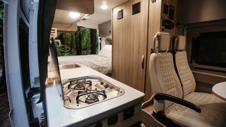 interior of a camper van kitchen