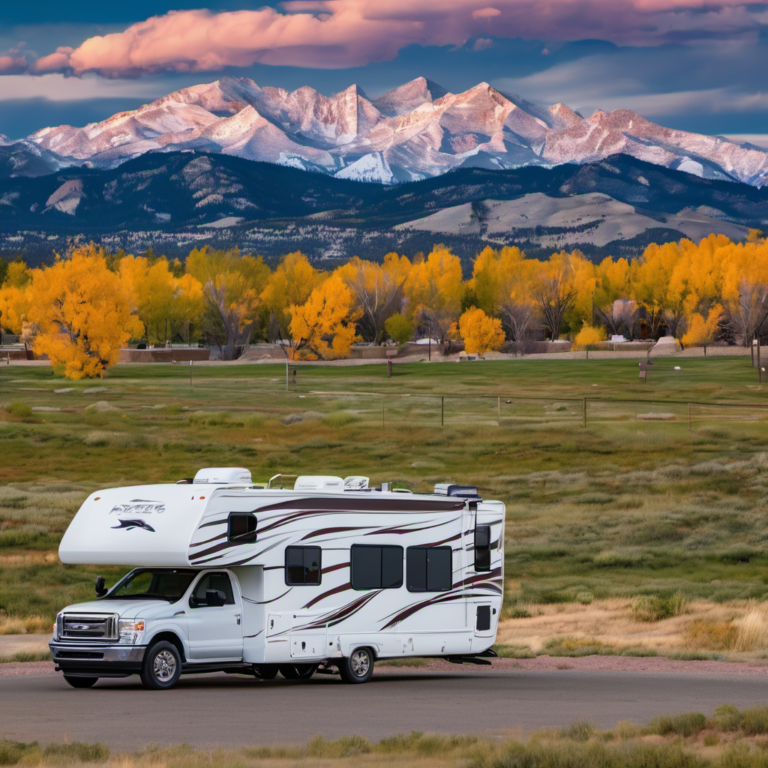 RV parked in front of Colorado mountains