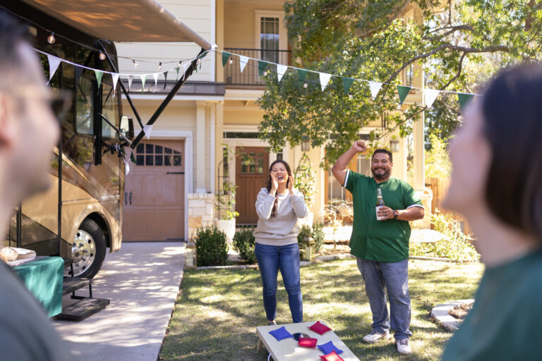 RV parked in the driveway, also known as moochdocking, as a way of visiting family or friends