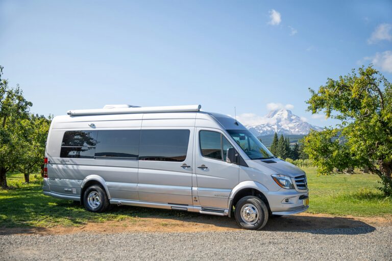 A white campervan is parked on green grass, surrounded by trees, and a snowy mountain is in the background.