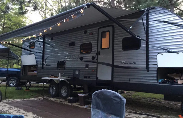 Travel trailer parked at campsite