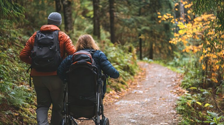 two people on an adaptive hiking trail, one in a wheelchair