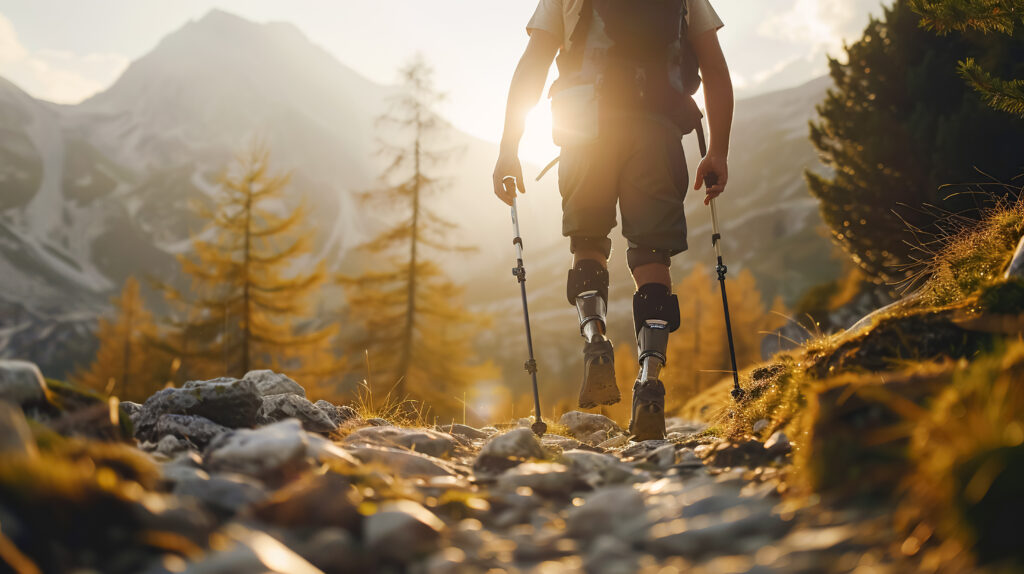 hiker with prosthetic legs, backpack and trekking poles hiking on a mountain trail