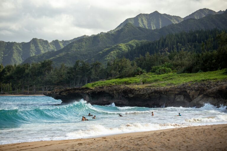 A vibrant beach scene featuring individuals swimming in the ocean, with stunning mountains rising in the background.