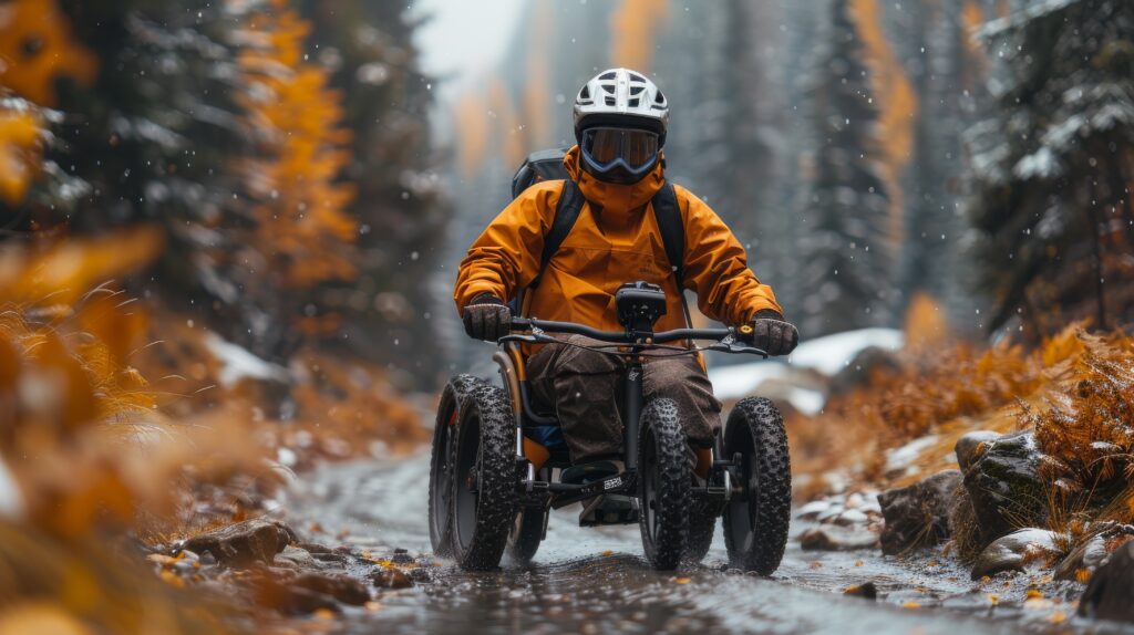 mountain biker riding an adaptive bike through a snowy forest path during the fall season