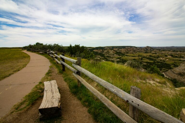 A rustic wooden fence lines a dusty brown road, surrounded by sparse greenery under a clear blue sky.