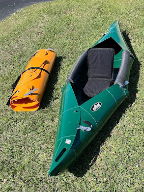 Side-by-side photo with Tucktec kayaks folded and unfolded