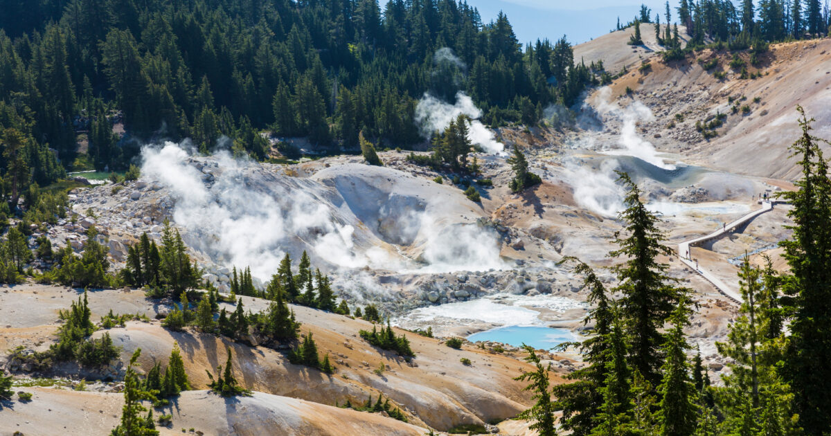 Landscape view of the geothermal features of Bumpass Hell in Lassen Volcanic National Park (California).