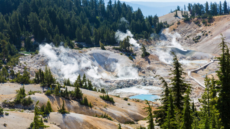 Landscape view of the geothermal features of Bumpass Hell in Lassen Volcanic National Park (California).