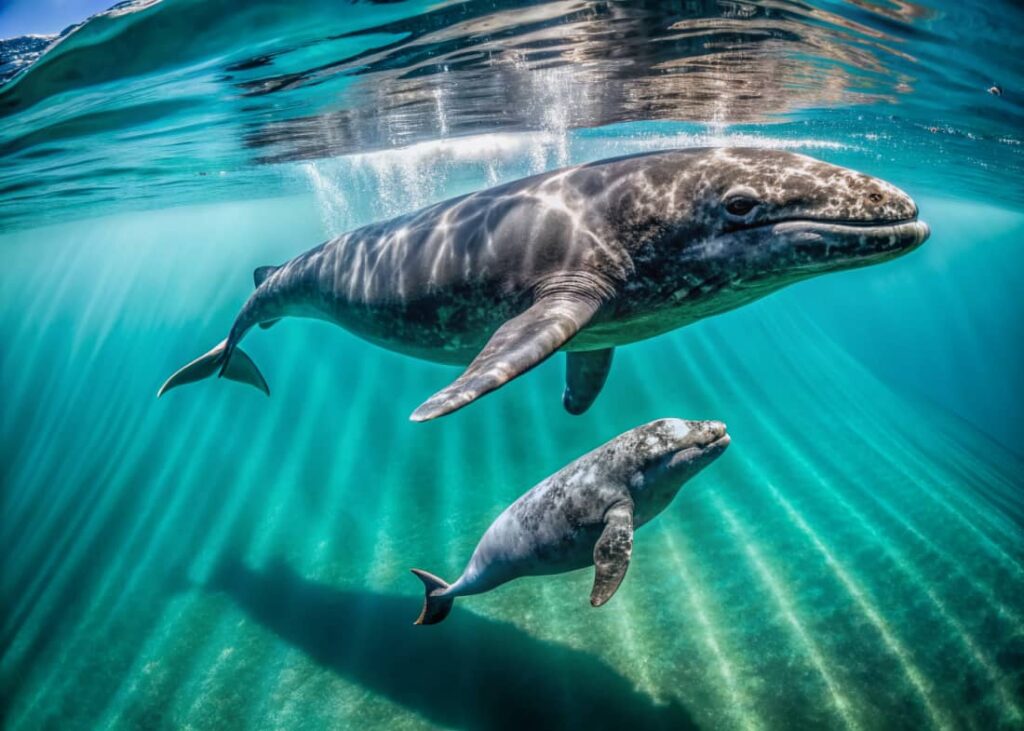 Moms and babies travel close together during the gray whale migration