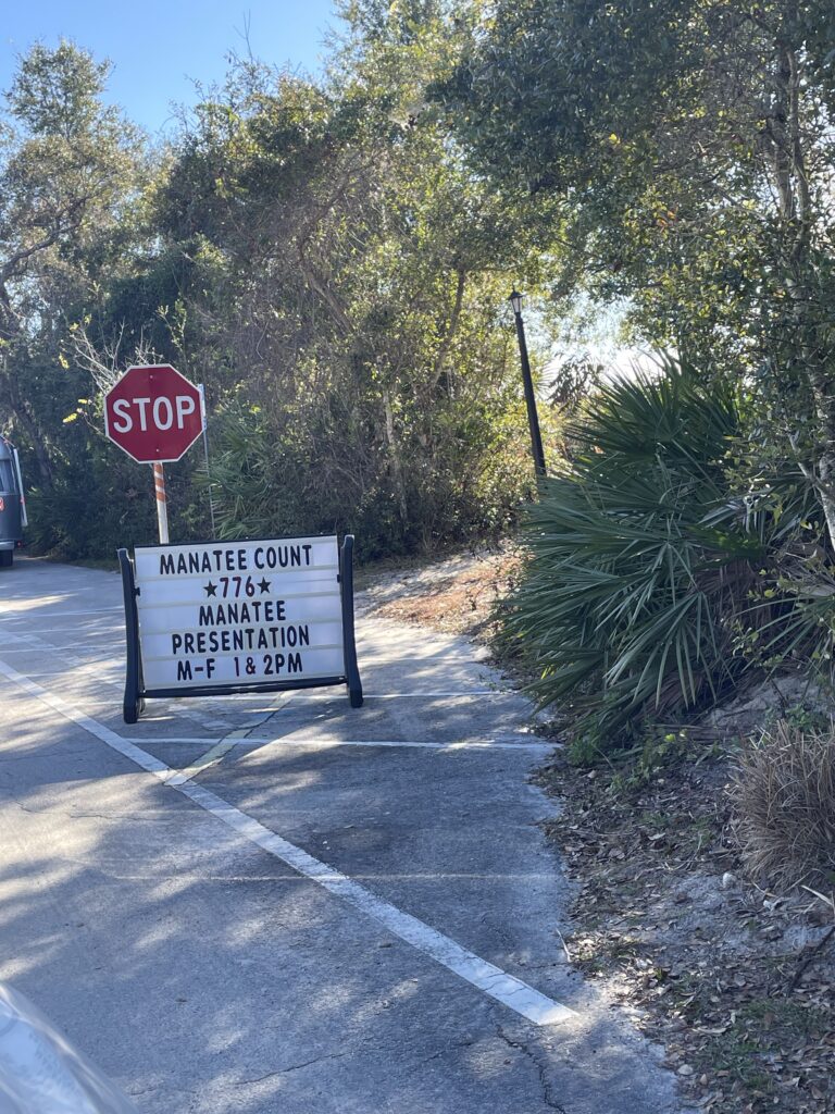 Sign outside Blue Spring State Park in Florida with the manatee count for the day