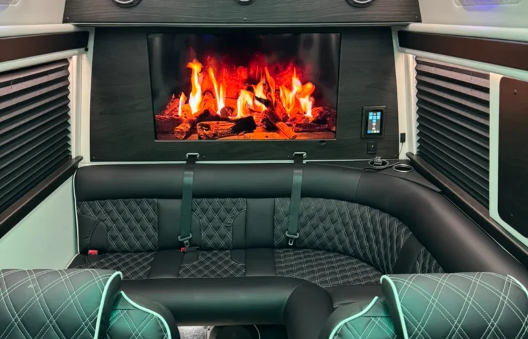 interior of a 2024 Signature Custom Conversion Mercedes Sprinter 9 Passenger 170EXT for rent