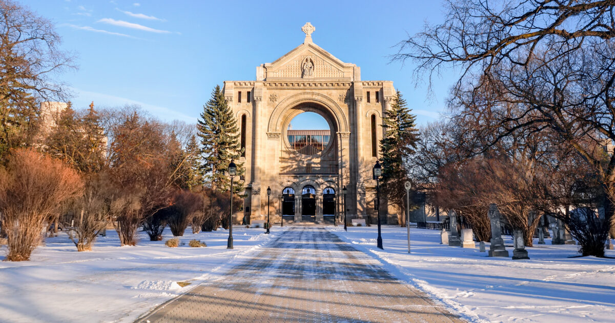 Winter sunset view of Saint Boniface Cathedral, a Roman Catholic cathedral of Saint Boniface, Winnipeg, Manitoba, Canada.