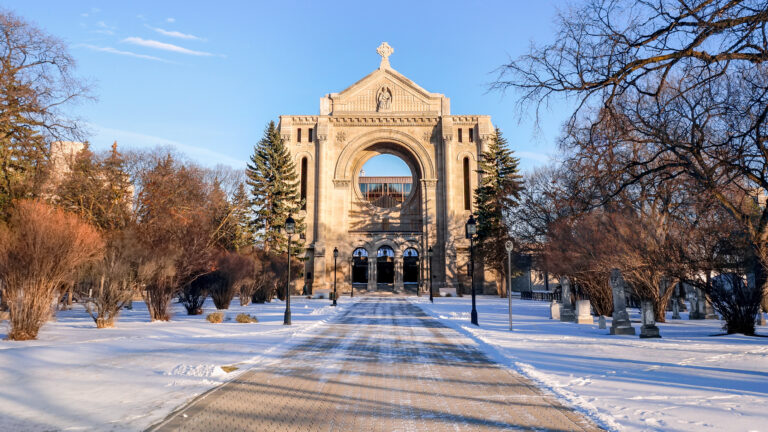 Winter sunset view of Saint Boniface Cathedral, a Roman Catholic cathedral of Saint Boniface, Winnipeg, Manitoba, Canada.