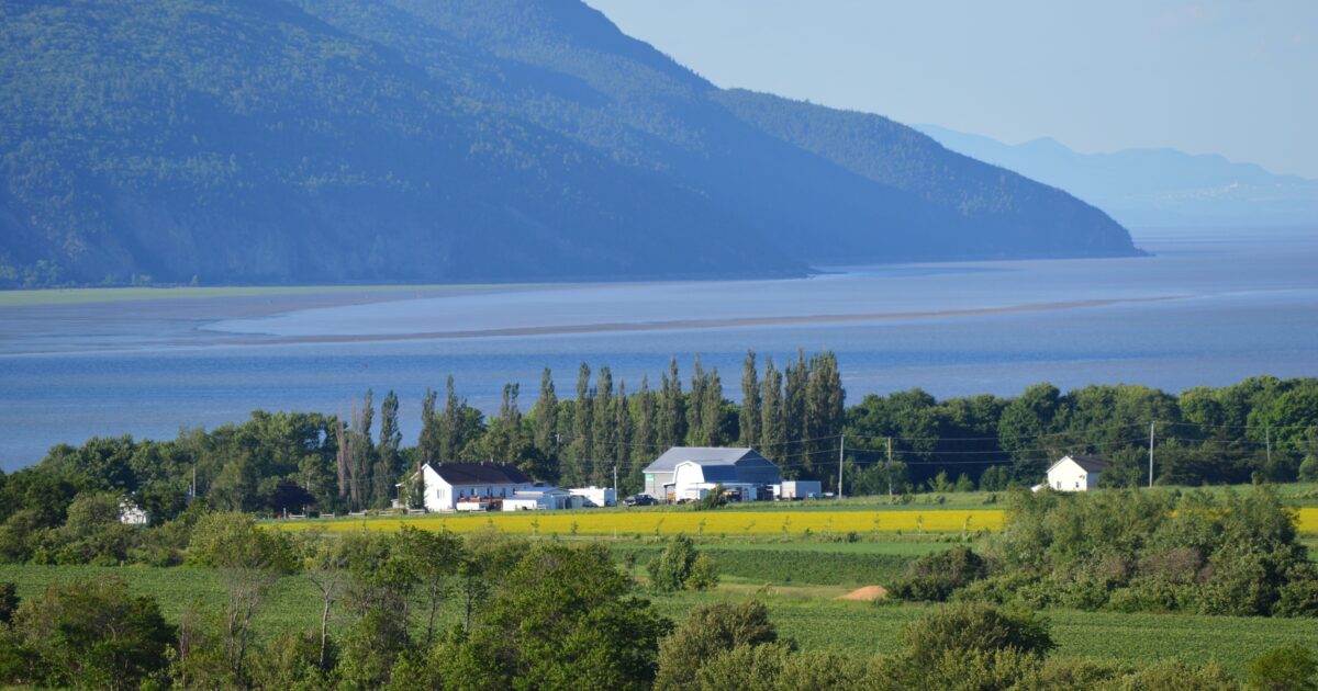 Beautiful Île d'Orléans surrounded by greenery with mountains and water in the distance