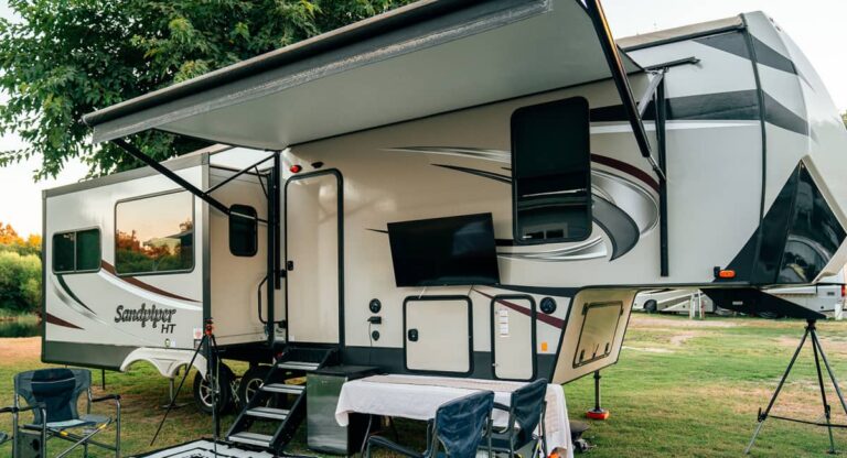 a trailer set up for camp - it's important to run an RV dehumidifier to keep the interior dry