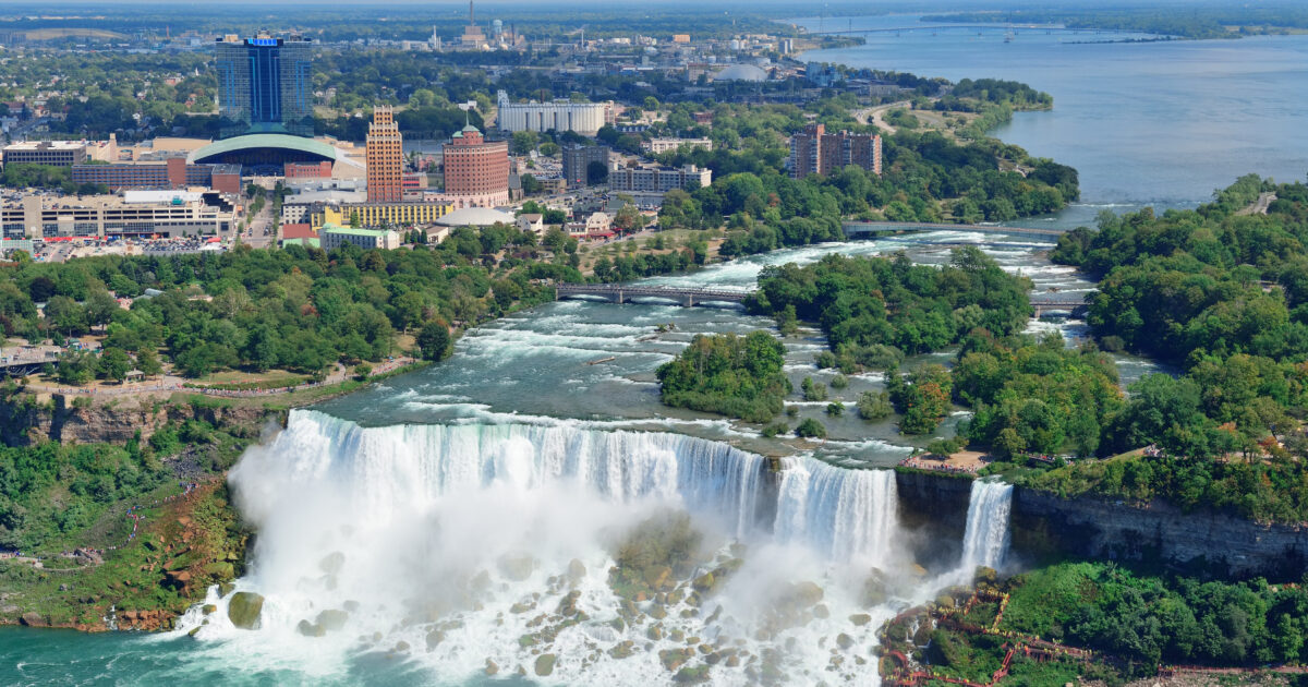 Niagara Falls waterfalls with the city in the distance