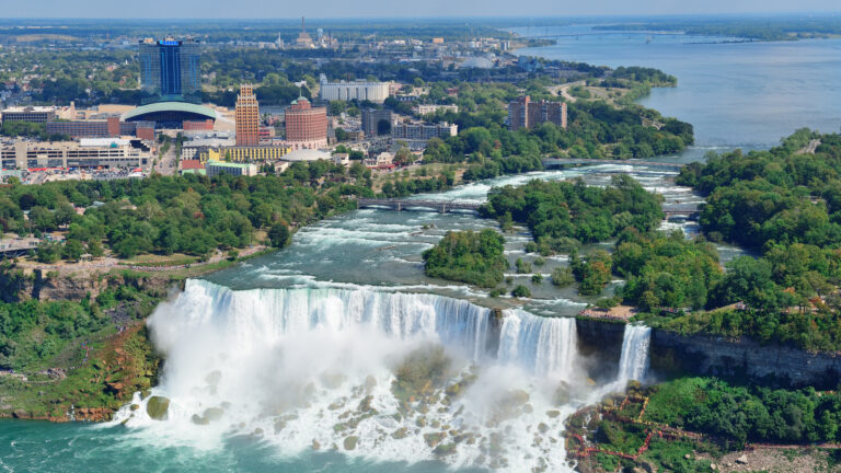 Niagara Falls waterfalls with the city in the distance