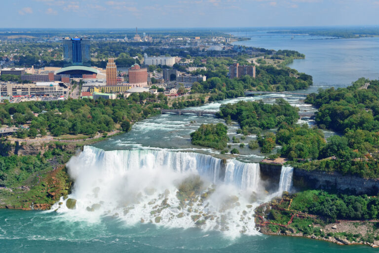 Niagara Falls waterfalls with the city in the distance