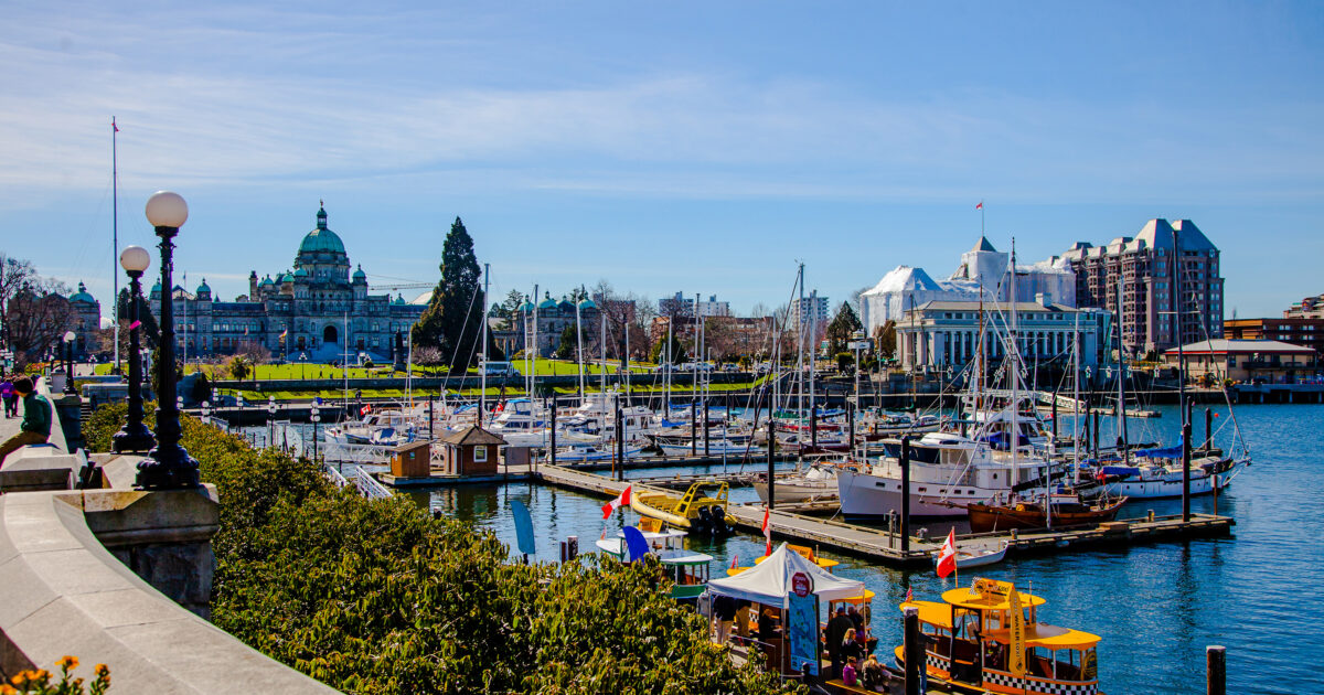 View of Victoria Inner Harbour and British Columbia Provincial Parliament Building in Vancouver Island, BC, Canada